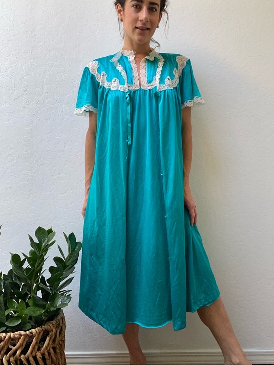 Vintage Other - Vintage JC Penney Teal Aqua Nylon Satin Peignoir Set with Cream Lace Trim